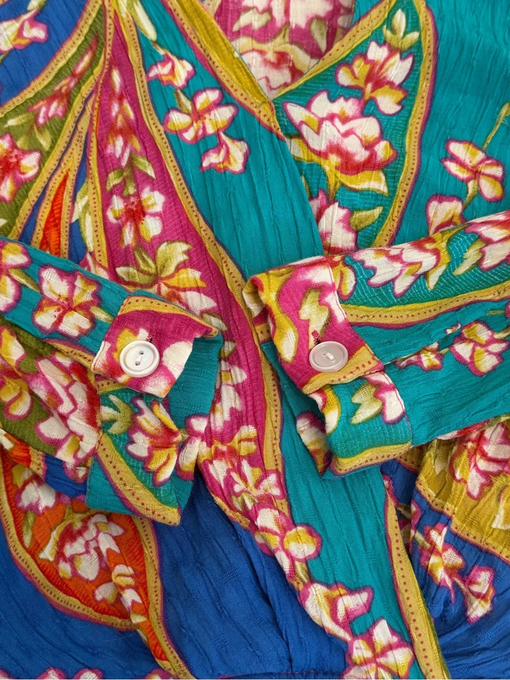 Haute Hippie Turquoise Floral Surplice Blouse with Pink Accents - Picture 5 of 8